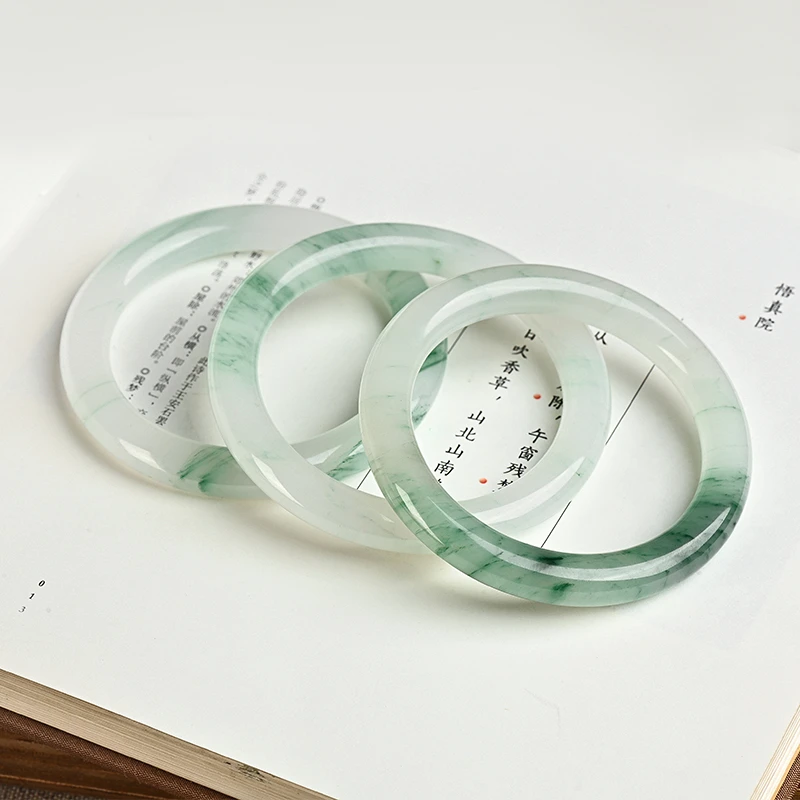 

Snow Natural Xinjiang Tianshan Ice Green Real Golden Silk Jade Round Bracelet, Versatile Flat Bar, Non-Jadeite