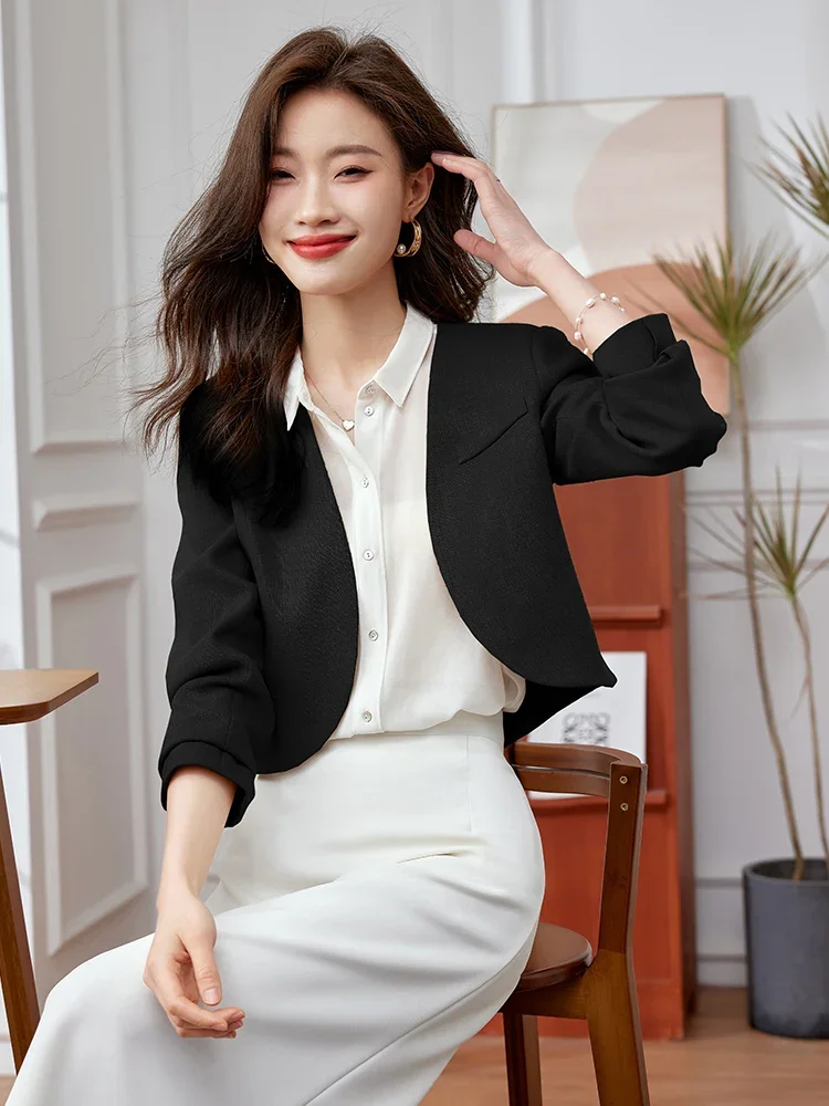 Solid Beige Collarless เสื้อแจ็คเก็ตสั้นฝรั่งเศส Designer อย่างเป็นทางการ Blazers Elegant ผู้หญิง Office Lady ฤดูใบไม้ผลิแจ็คเก็ตเกาหลีเสื้อแฟชั่น