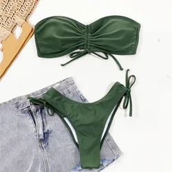 Sexy Swimsuit Army Green Bandeau Bikini 2026 Women Front Drawstring Lace-up Swimwear Low Waist Bathing Suit Bikinis Sets Mujer