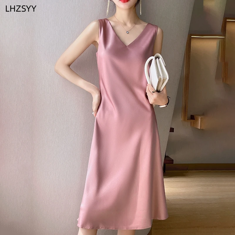 LHZSYY Silk Satin Front/Back V-neck Sling Dress Women's Sleeveless Waistcoat Top Spring Summer New Mulberry Silk Hip Long Skirts