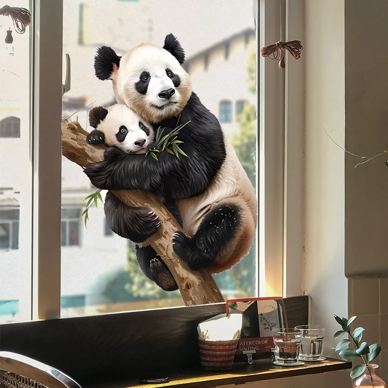 Parent-child Panda Tree Branch Vinyl Window Decals for Home Decoration Cozy Room Glass Door Wall 2-sided Visible Static Stickers