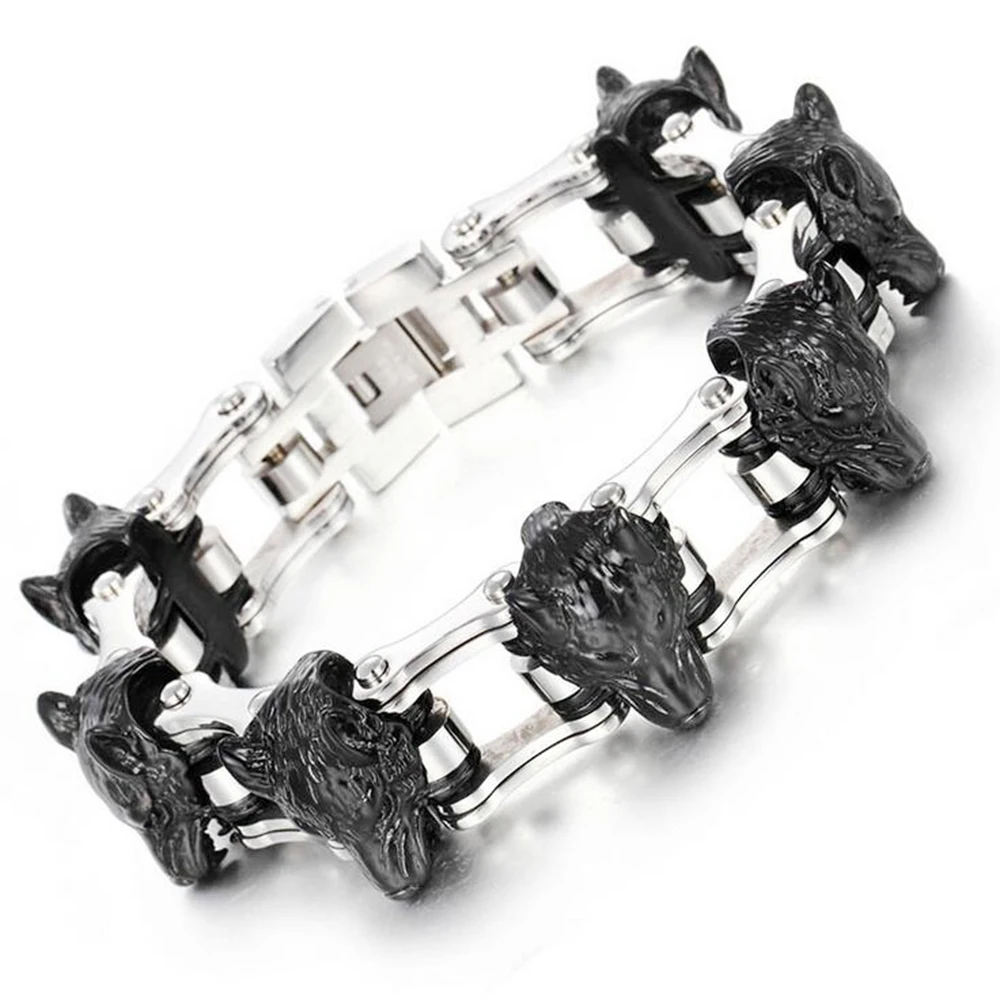 21mm Punk Gold Color Viking Wolf Bracelet Men Hiphop Black Stainless Steel Bicycle Bike Biker Chain Lion Head Bracelets Jewelry image 4