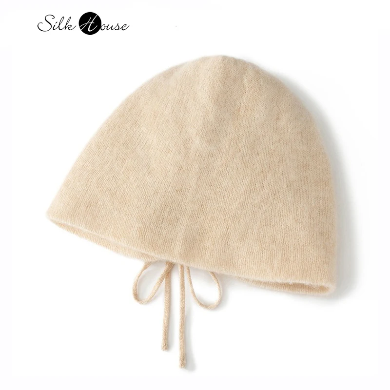 100% Pure Cashmere Women's Drawstring Hat Autumn and Winter Korean Version Versatile Fashionable Casual Hat Warm Knit Toe Cap