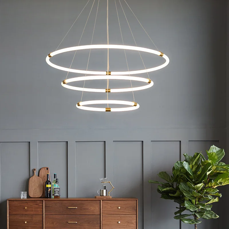 Scandinavian white round tube chandelier modern simple living room duplex hall halo art LED restaurant lamps and lanterns