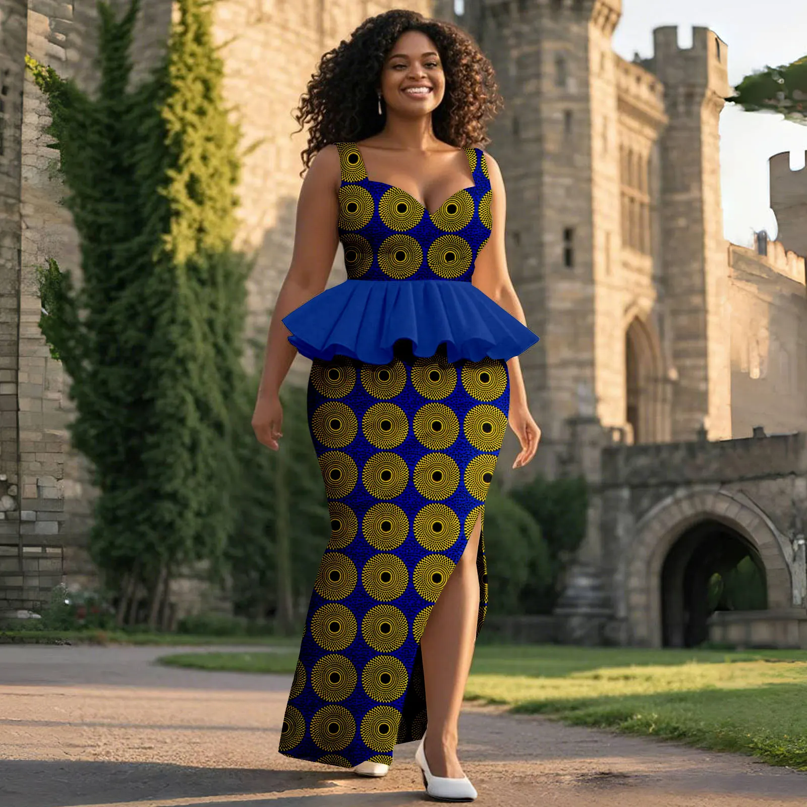 

African Ankara Printed Fabric Women's Dress, Sexy Low-Cut Strapless Top with Solid-Color Skirt Hem at the Waist 2525083