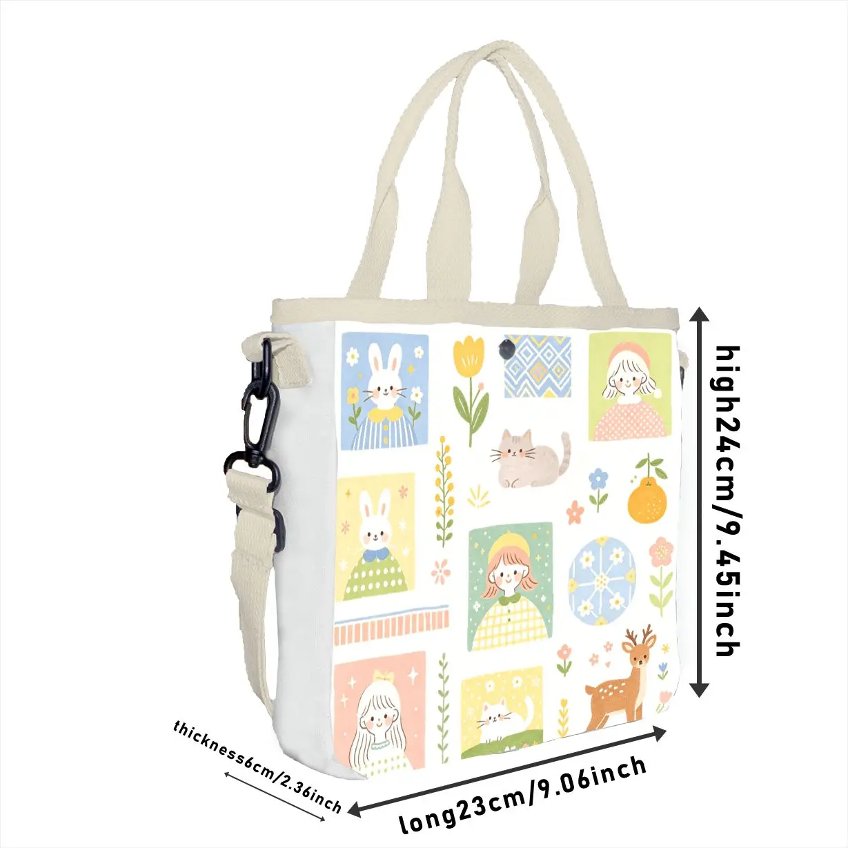 1pc Cute Cartoon Patchwork Animal Girl Print Tote Bag, Adjustable Strap Pastel Kawaii Shoulder Bag