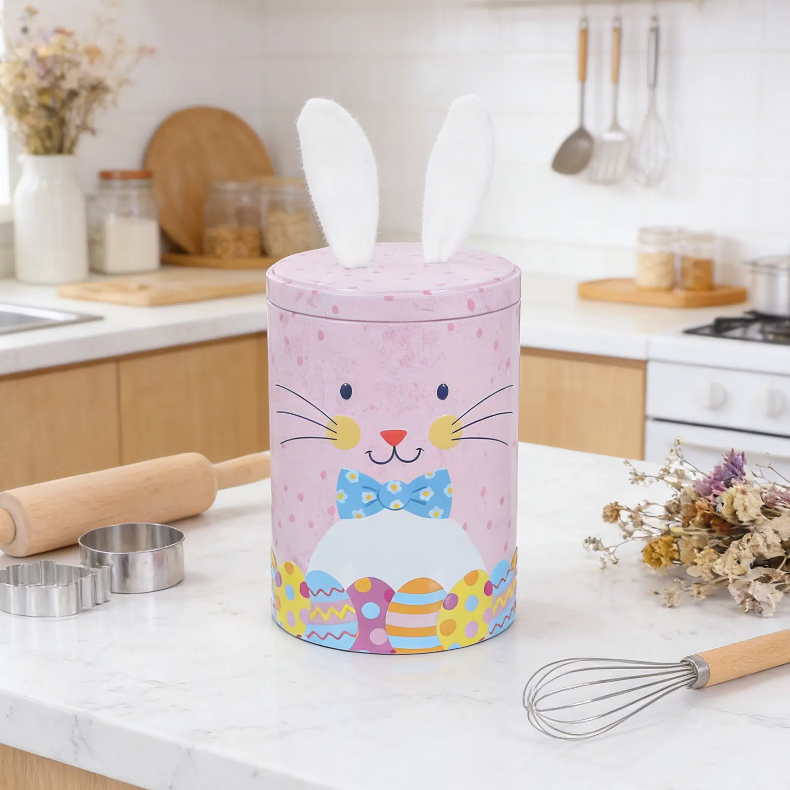 Easter Bunny Metal Candy Box Pink Round Storage Tin Cute Animal Cookie Jar for Kitchen Kids Room Snacks Sealed Candy Box view 2