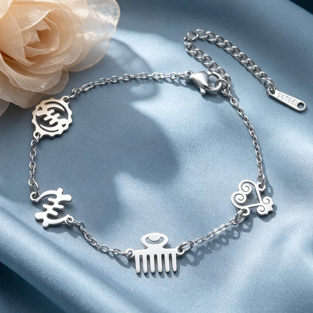 African Wisdom Adinkra Symbols Unisex Bracelet  Adinkra Gye Nyame Ethnic Jewelry Stainless Steel Charms Bracelet