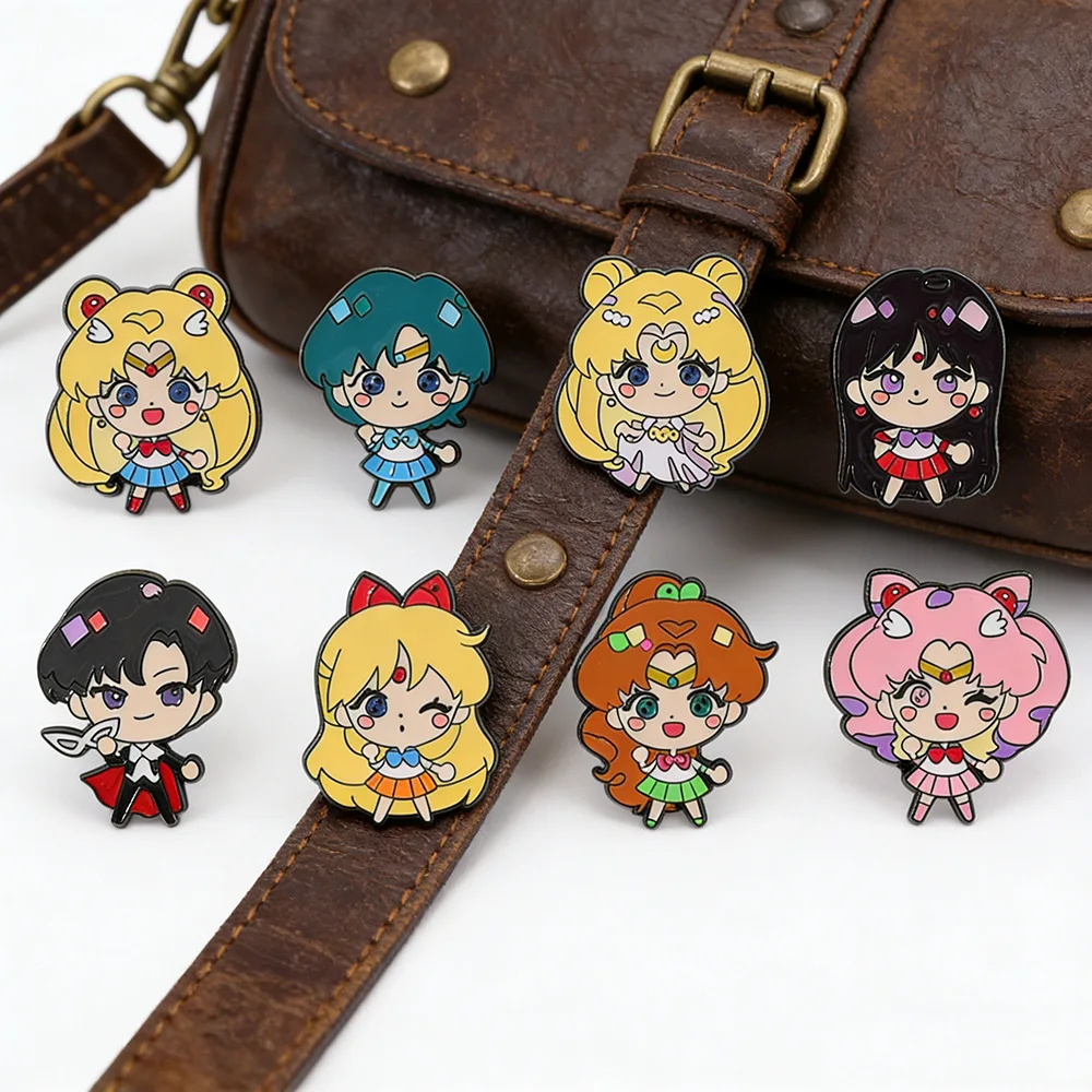 Cute Magical Girl Enamel Pins Set Q‑Version Cartoon Warrior Characters Brooch Badge for Backpack Lapel Jacket Collectible Gift
