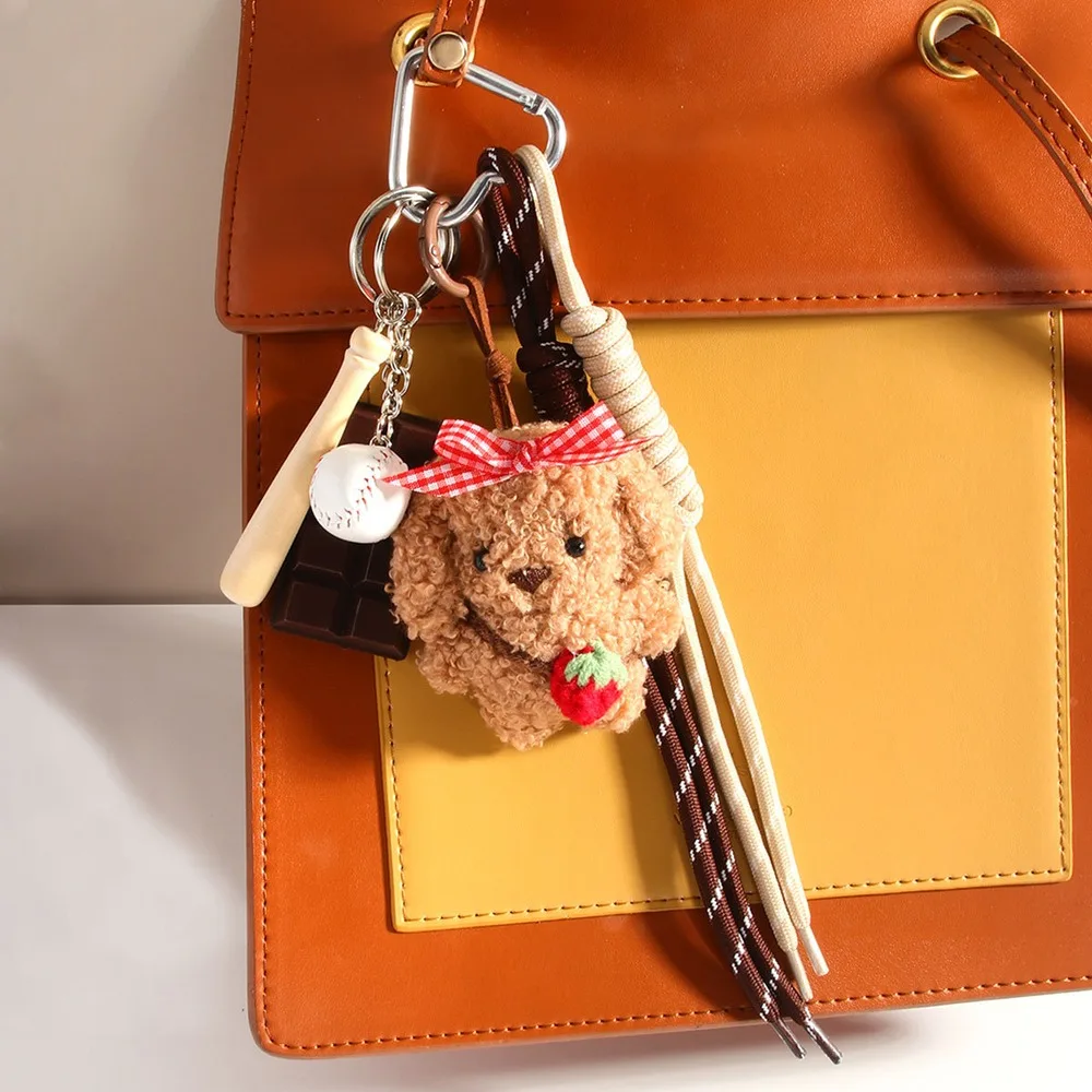 Dog Bag Charm Keychain Curly Puppy With Baseball Bow Braided Cord Layered Handbag Accessory Purse Decoration Gift For Dog Lovers