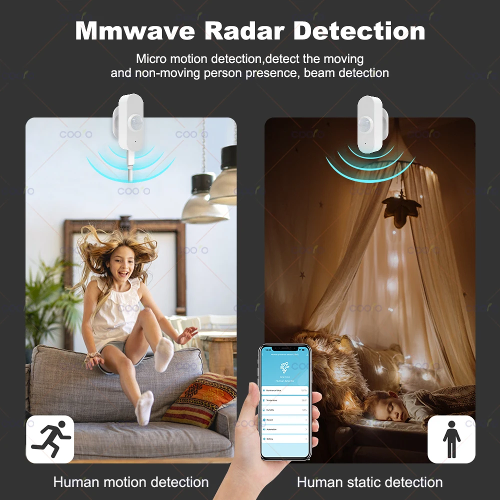 Czujnik obecności człowieka radarowy 24G MmWave + czujnik ruchu PIR, światło, temperatura, wilgotność, zasilanie USB/bateriami, obsługa Tuya Zigbee Z2M