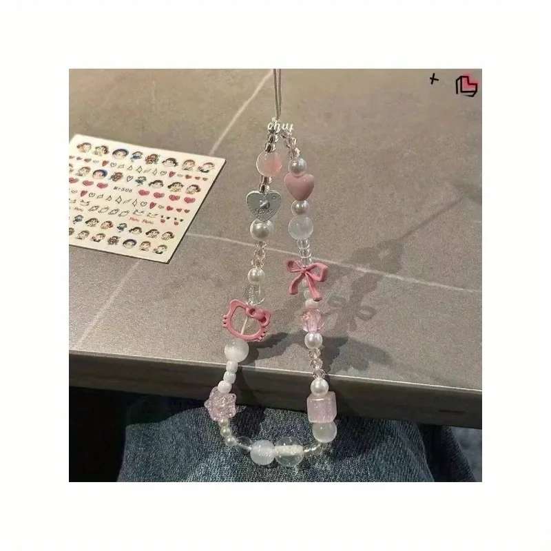 Cute Sanrio Hello Kitty Cat Pink Phone Chain Beaded Chain Keychain Jewelry Camera Hanging Rope Cartoon Kitty Phone Strap Gift