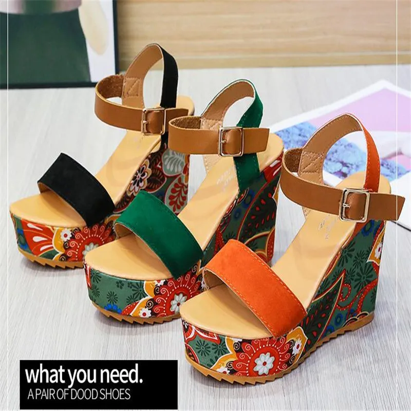 

2024 Summer Wedge Sandals for Women Retro Ethnic Print Platform Shoes Ladies Casual Ankle Buckle Comfortable Sandalias De Mujer