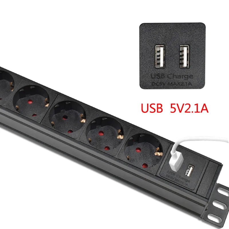 2/3/4/5/6/7/8/9 Ways PDU Power Strip EU Power Strip Socket with IEC-C14 Port Outlet extend with Circuit Breaker Switche 2 USB