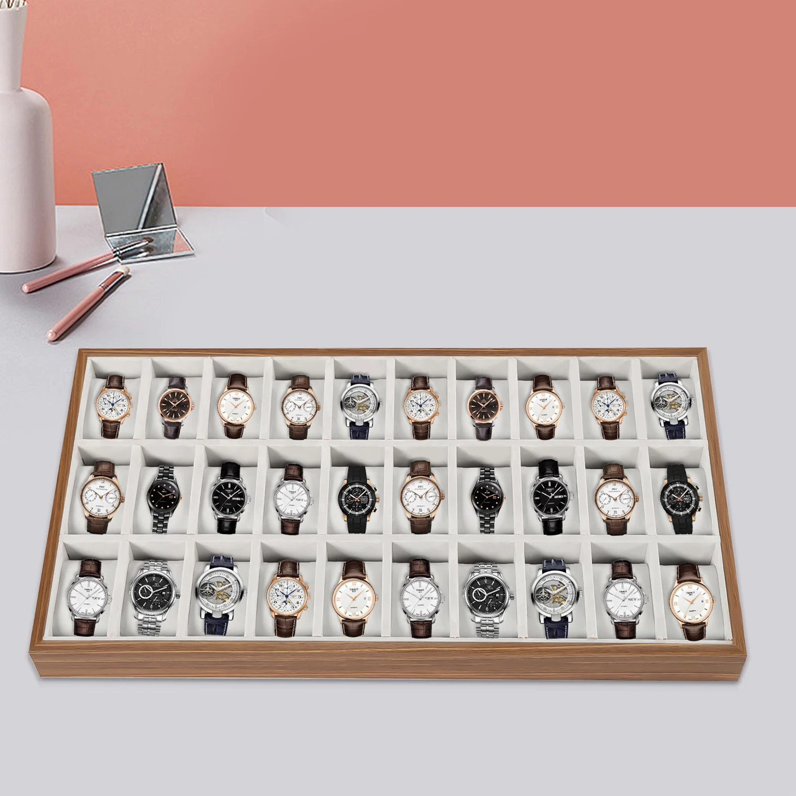 

30 отделений, деревянная цветная коробка для часов, витрина, прямоугольный органайзер для хранения ювелирных изделий 53,5*29,2 см для хранения часов