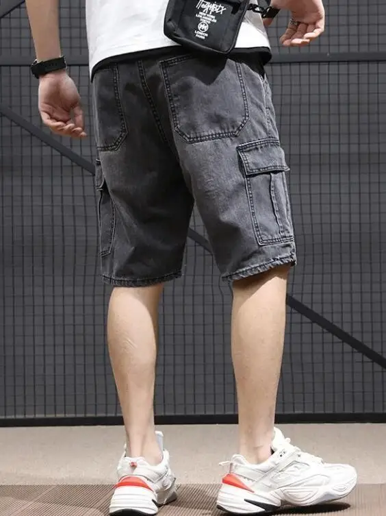 Men Jeans Summer Loose Male Wide Leg Knee Length Shorts Summer Multi Pocket  Washed Denim Shorts