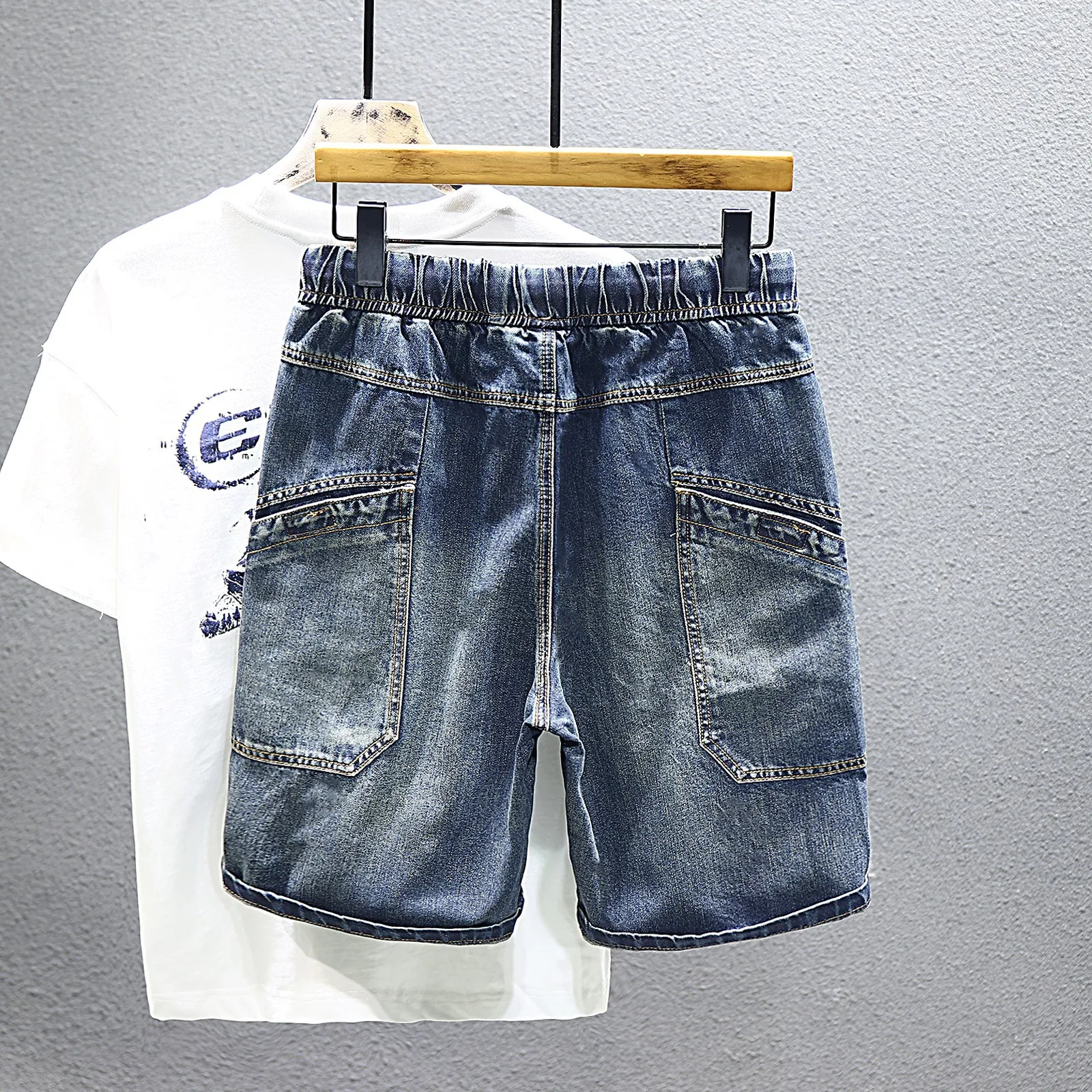 New Fashion Men Light Blue Retro Denim Short Jeans Man Elastic Waist Stretch Casual Trendy Denim Shorts Quality Nostalgia Jeans