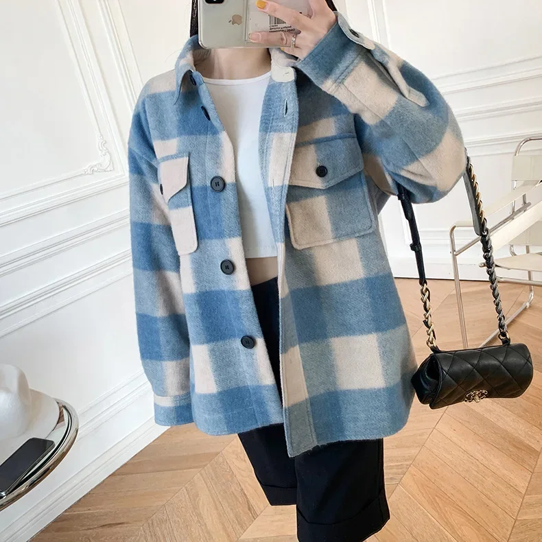 [24 Spring and Summer New] Wool plaid short coat shirt collar women's loose top coat men's and women's