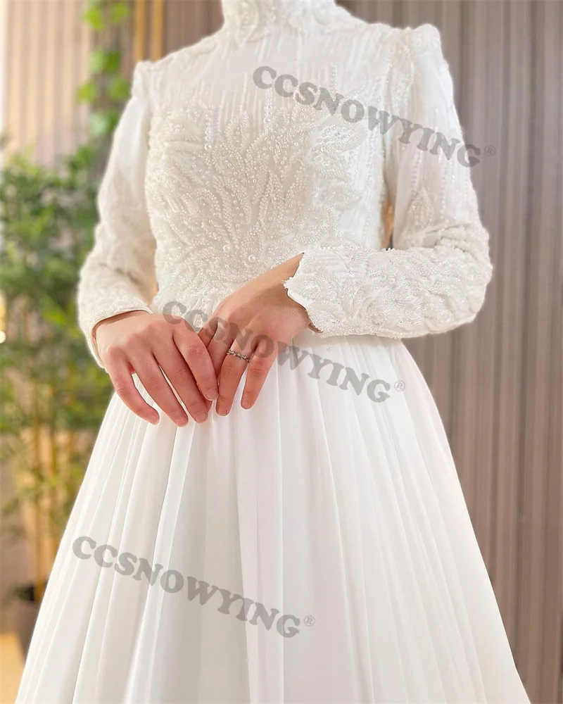 Elegant Satin with Cape Beaded Muslim White Long Sleeve  High Neck with Cape Wedding Dress Prom Dress Formal Occasion Dresses