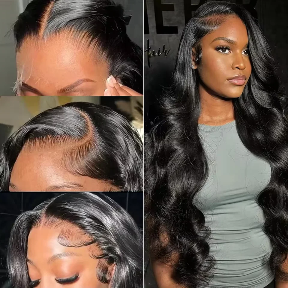 Peluca de cabello humano natural negro, Body Wave, frontal de encaje HD transparente 13x4, con nudos previamente arrancados y encaje frontal para mujer 6