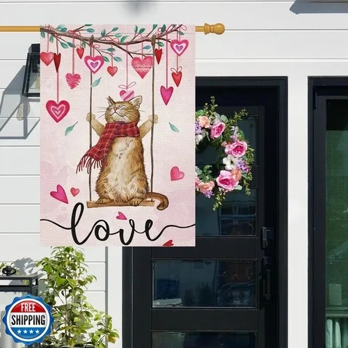 Louise Maelys House Flag 28x40 Double Sided, Large Burlap Welcome Cat Spring JJE DDI GGX