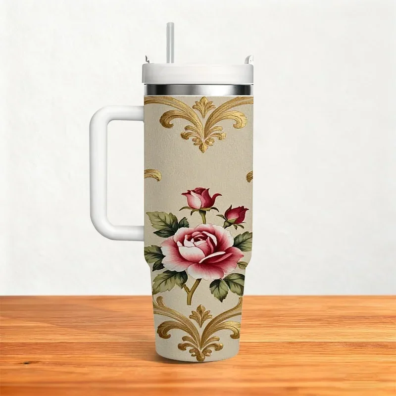 40oz Vintage Golden Scroll Pink Rose Floral Print Insulated Stainless Steel Travel Tumbler With White Handle Straw Lid Large Thermal Cup Elegant Gift For Her