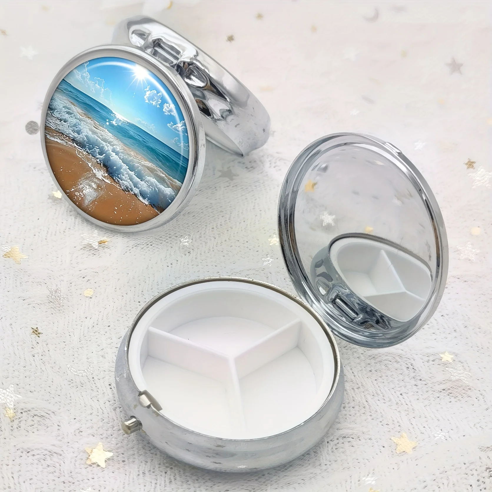 Charming Blue Sky Pill Box - Compact Round Metal Box for Vitamins and Medicines,Portable Pocket Size Organizer