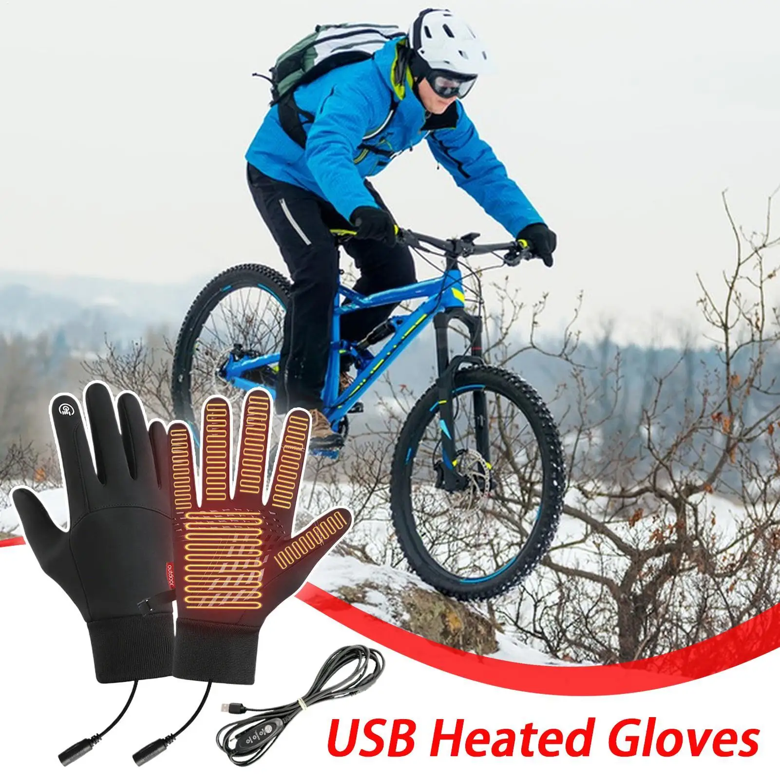 1 زوج USB قفازات ساخنة شاشة اللمس الشتاء قفازات التدفئة الحرارية ، الطقس البارد قفازات التزلج مقاوم للماء لتشغيل الدراجات