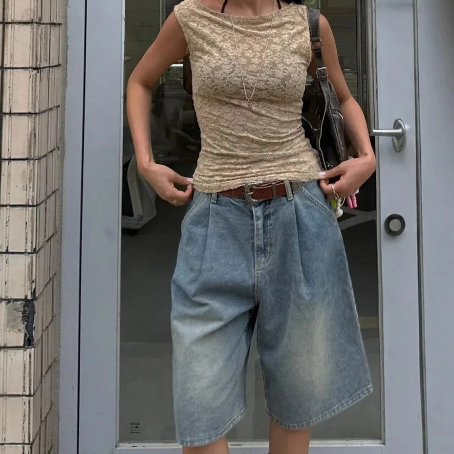 

Jeans Knee Length Women Straight Short Pants Mid Waist Pockets Washed Distressed Button 2025 Streetwear mom y2k Denim Trousers