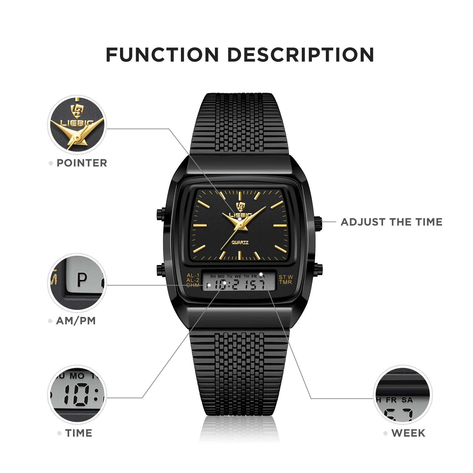 Fashion Golden Steel Strap Quartz Sport Watch Mens Dual Time Week Display Digital Wristwatches Waterproof Clock Reloj Hombre