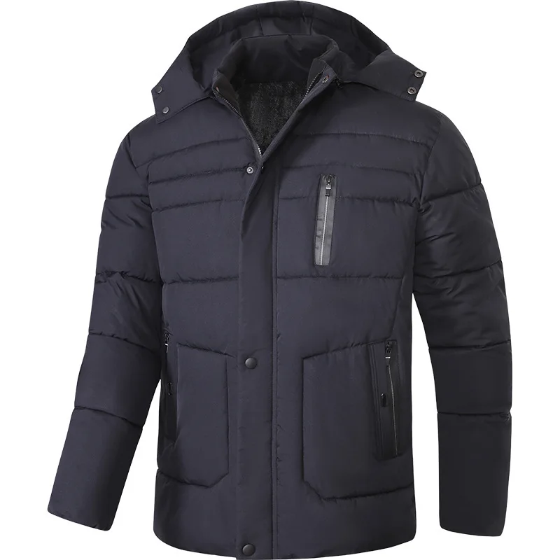 Winter Down Jacket Man Thicken Fleece Stand Collar Pocket Male Coat Long Sleeve Business Casual Detachable Hooded Men Outerwear