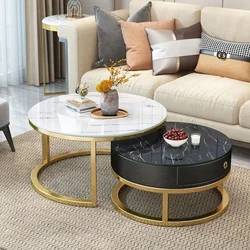 Nordic 2pcs Living Room White Coffee Tables Marble Texture Tea Table Furniture Round Durable Table Basse Muebles Tempered Glass