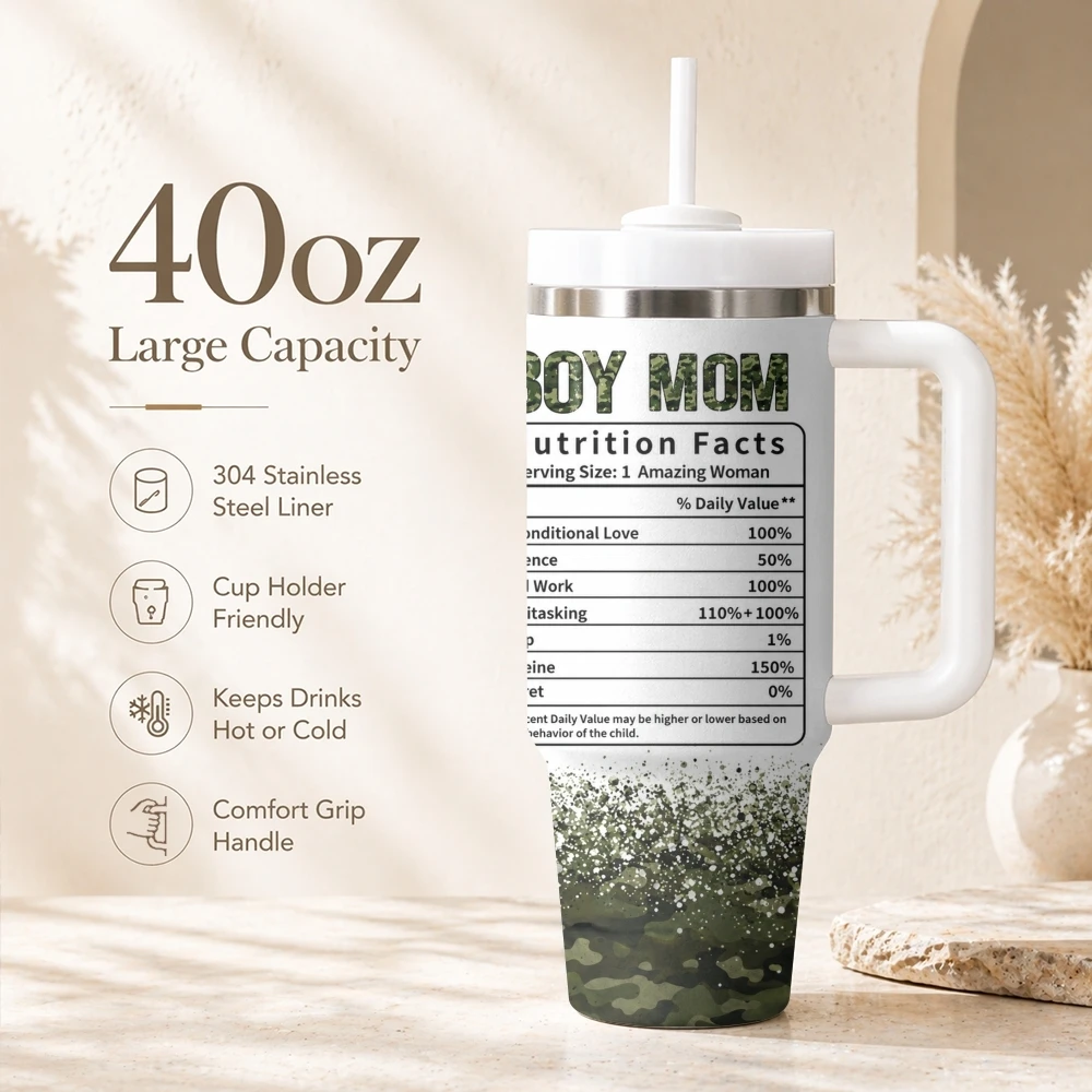 Boy Mom Mom Nutrition Facts Vacuum Flasks 40oz Portable Stainless Steel Tumbler with Handle Straw Double Wall Insulated Mug