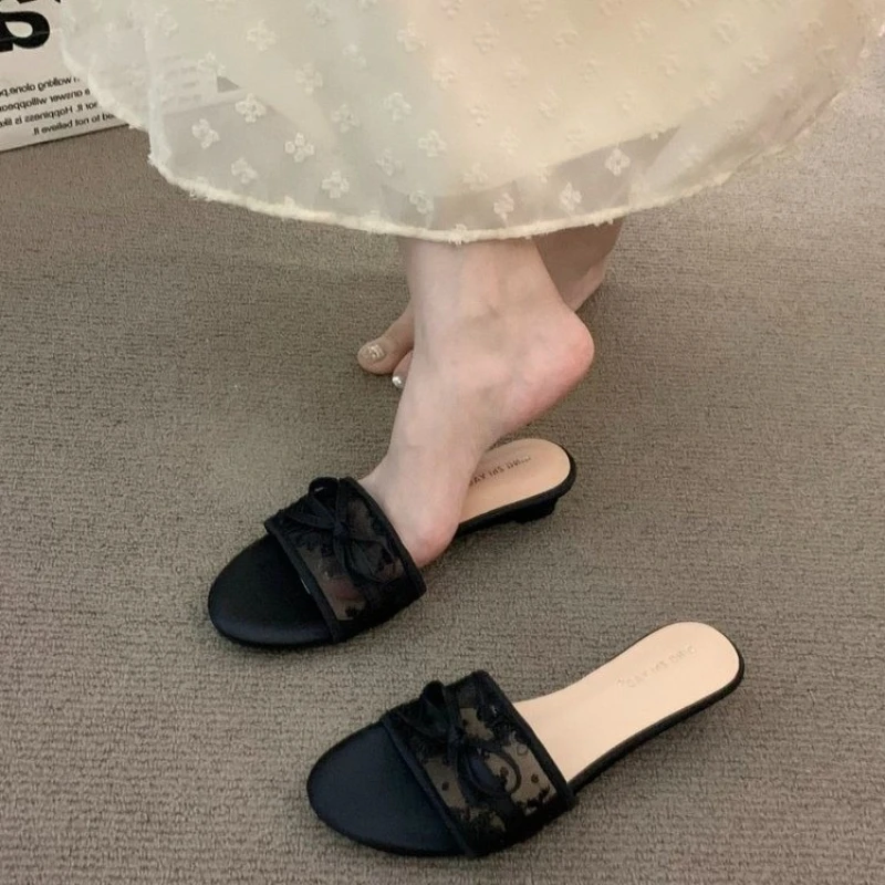 

Summer Woman New Net Butterfly-knot Slippers Fashion Cover Pointed Toe Slip on Shoes Thin High Heel Ladies Elegant Slides Pump