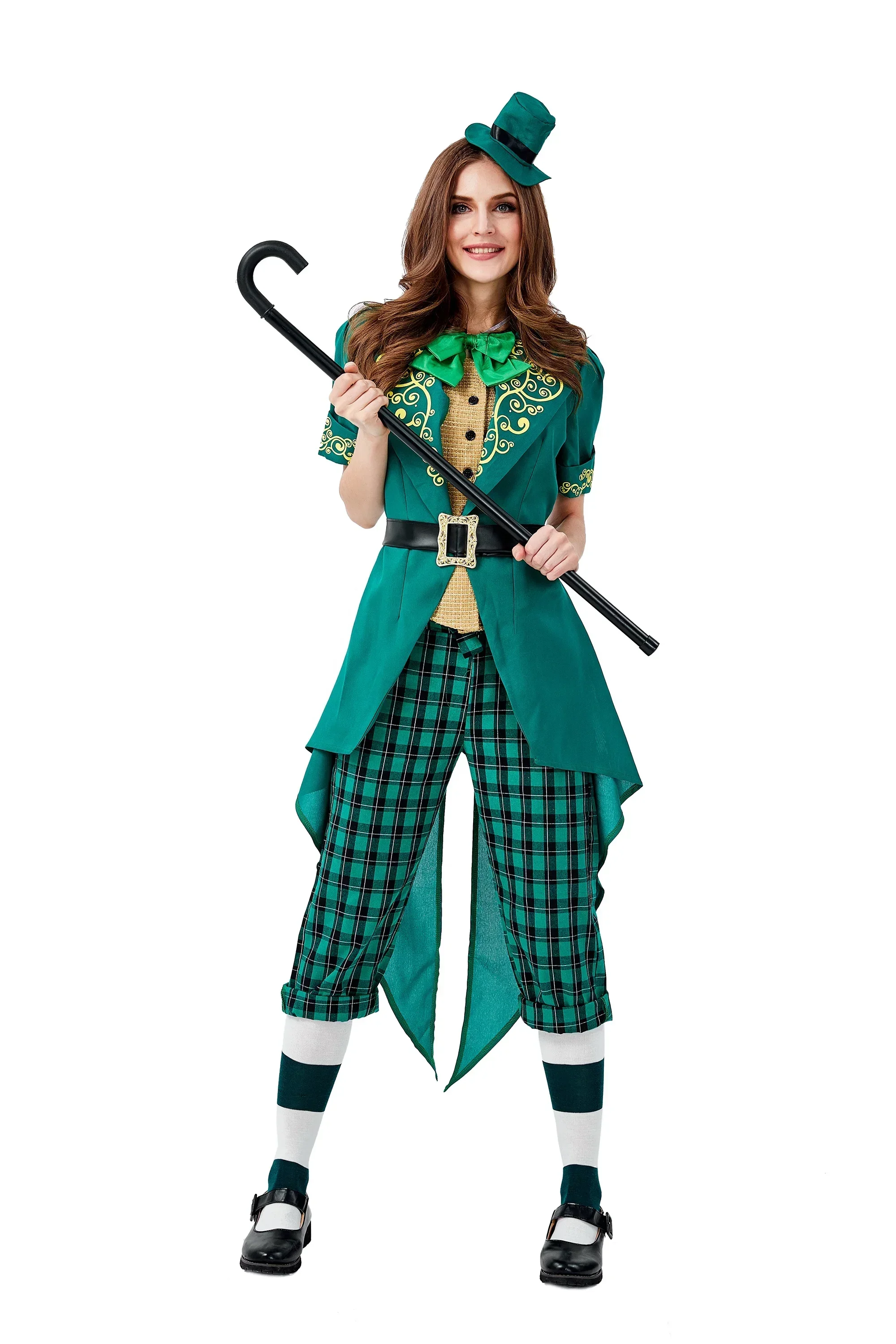 CosplayNew المرأة تأثيري البدلة الخضراء زي عيد القديس باتريك أزياء تنكرية مرحلة الأداء وتتسابق يرتدي قبعة