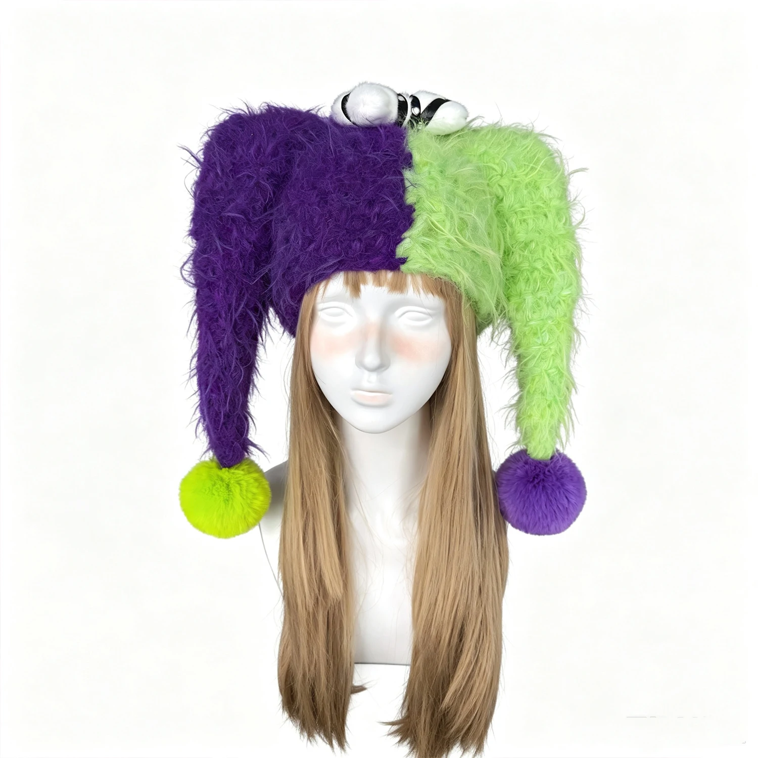 Custom Crochet Fluffy Spiked Pom-Pom Clown Hat Purple Green Jester Headwear Cosplay Party Gothic Halloween Carnival Accessory
