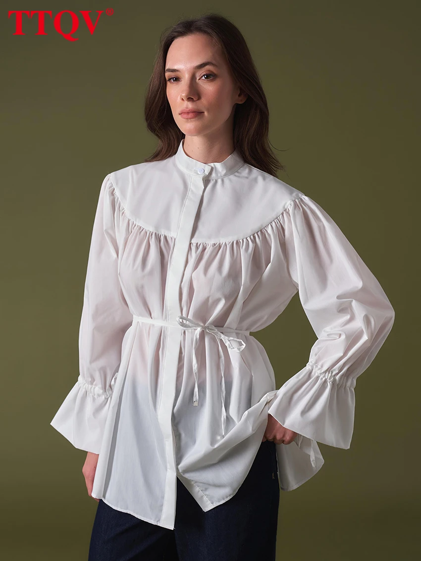 

TTQV Fashion Loose White Women Shirt 2026 Spring Stand Collar Long Sleeve Lady Blouse Elegant Classic Solid Top Female Clothing