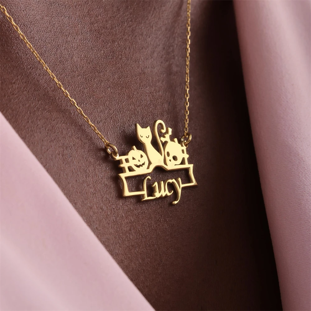 

Готическое ожерелье с подвеской в виде тыквы в виде кота, ожерелья с индивидуальным именем для женщин и мужчин, персонализированные ювелирные изделия с именной табличкой, подарок на Хэллоуин Ting