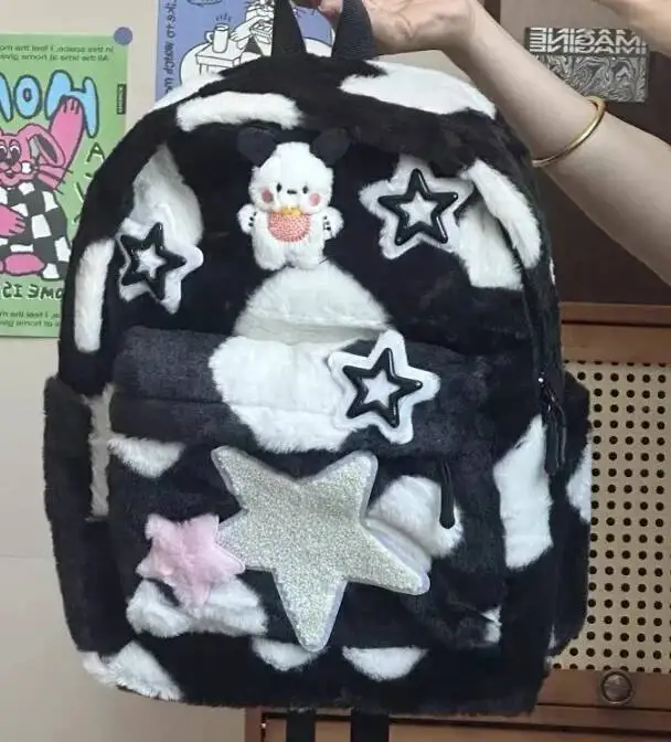 Zaino giapponese Kawaii carino soffice stella cartone animato colore a contrasto peluche cane donna zainetto Y2k zaini estetici ad alta capacità