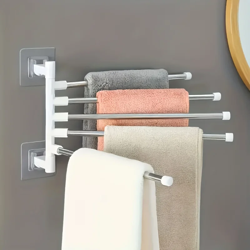 [1pc Rotating Towel Rack Organizer] 1pc Modern Wall-Mounted Bathroom Towel Rack with 180° Rotating Hooks, Punch-Free Stainless