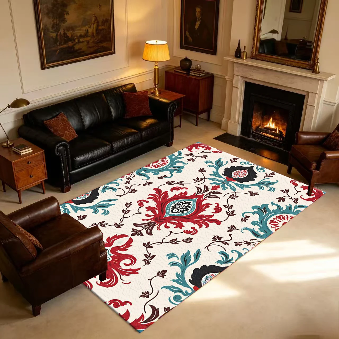 Vintage Red and Blue Brocade Floral Carpet, Luxurious Baroque Pattern Carpet, Suitable for Villa Interior Decoration