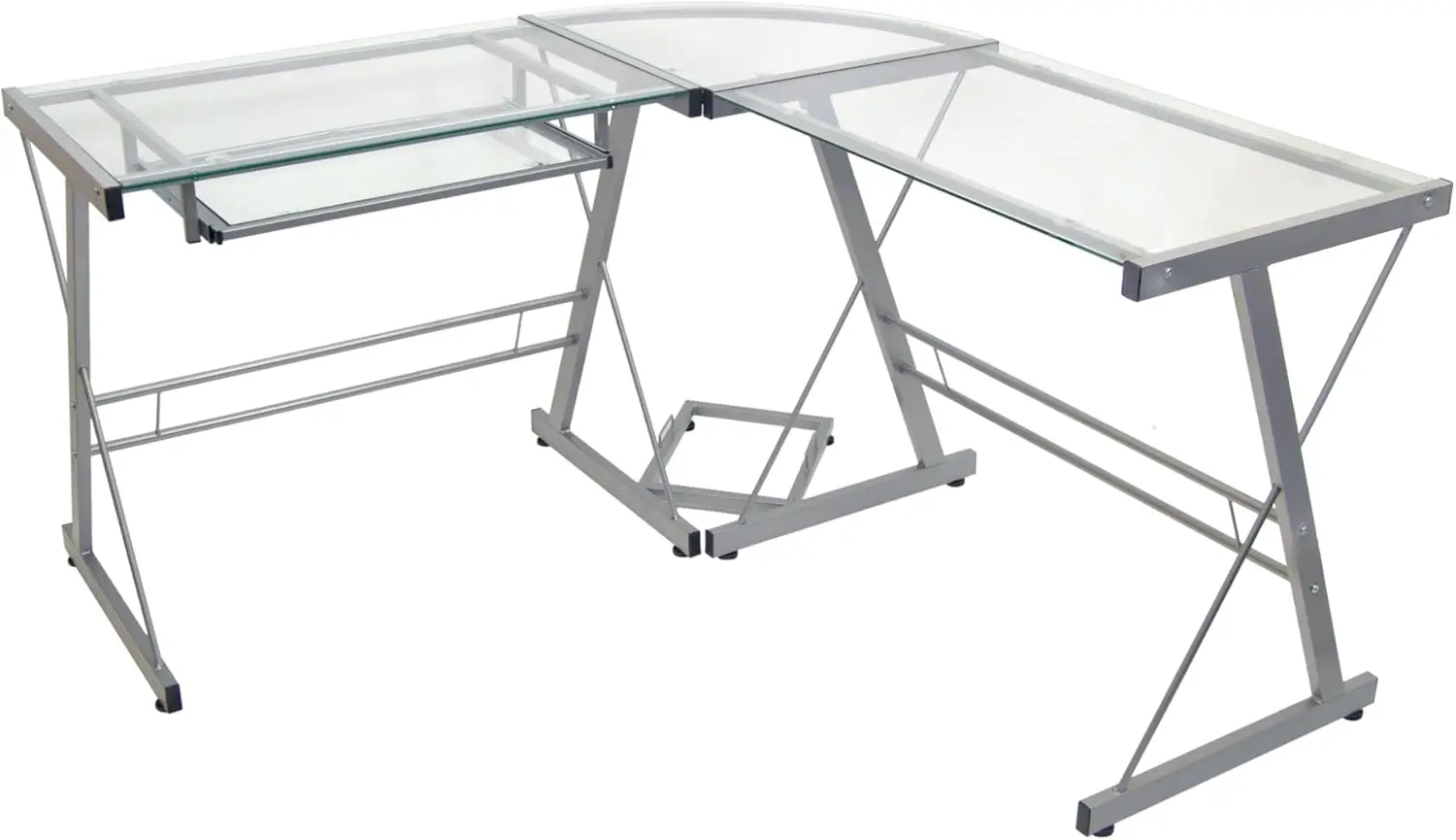 

Walker Edison Ellis Modern Glass Top L Shaped Corner Gaming Desk with Computer Keyboard Tray, 51 Inch, Silver