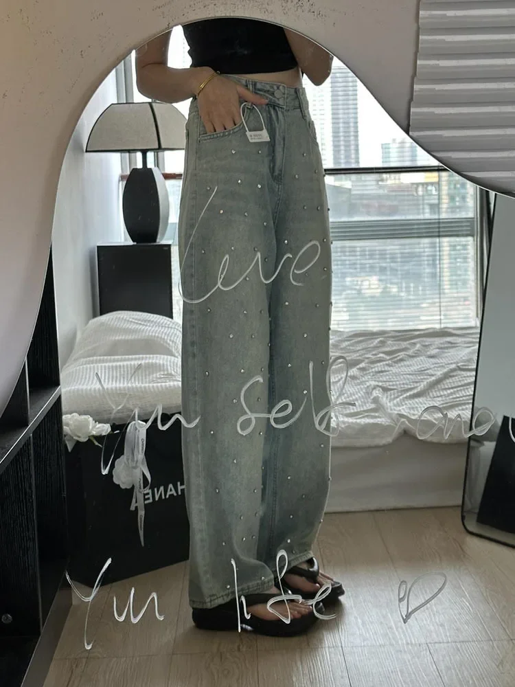 Jeans Spring High Waist Long Pant Women Diamond Bling Fashion Casual Loose Pleated Ladies Trousers Korean Wide Leg Woman Pants