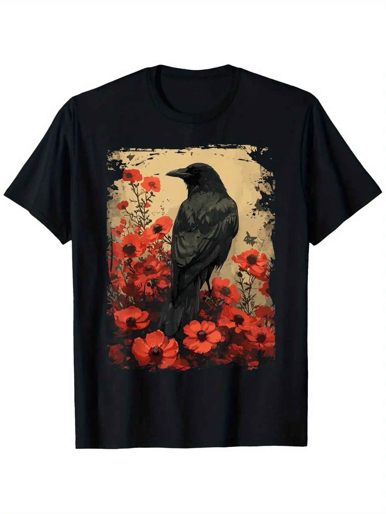 Men's Artistic Raven Crow Red Poppies Floral Graphic T-Shirt