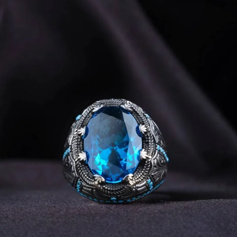 Retro Handmade Turkish Signet Ring For Men Vintage Ancient Silver Color Carved Blue Zircon Ring Punk Motor Biker Muslim Jewelry