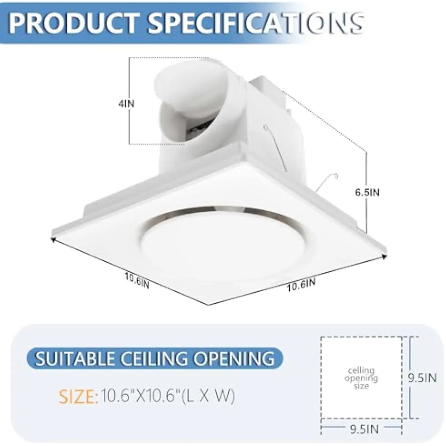Bathroom Fan Ultra-Quiet Bathroom Ventilation, Exhaust Fan,123CFM 0.7 Sones 40W,4 Inch Duct Collar,White,9 Inch Opening size,Ea