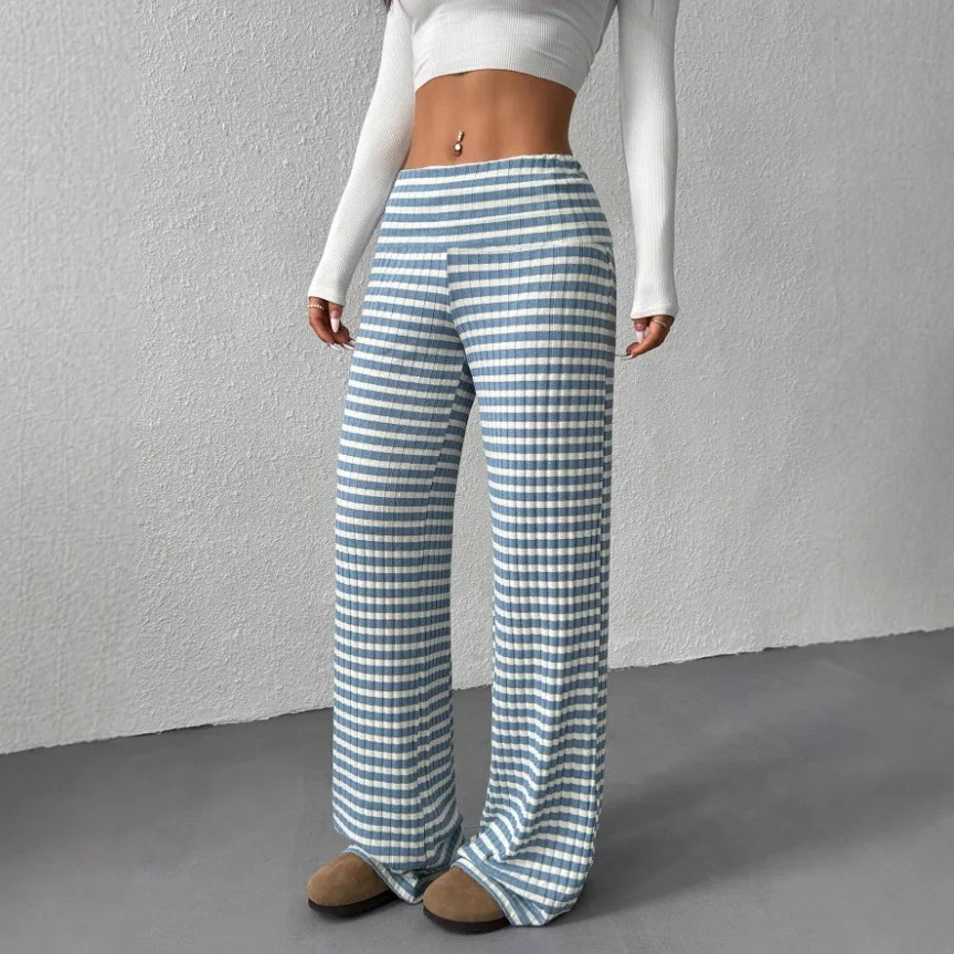 2025 automne Ele ample décontracté banlieue rayé cloche Bot femmes Faion minceur confortable taille élastique pantalon