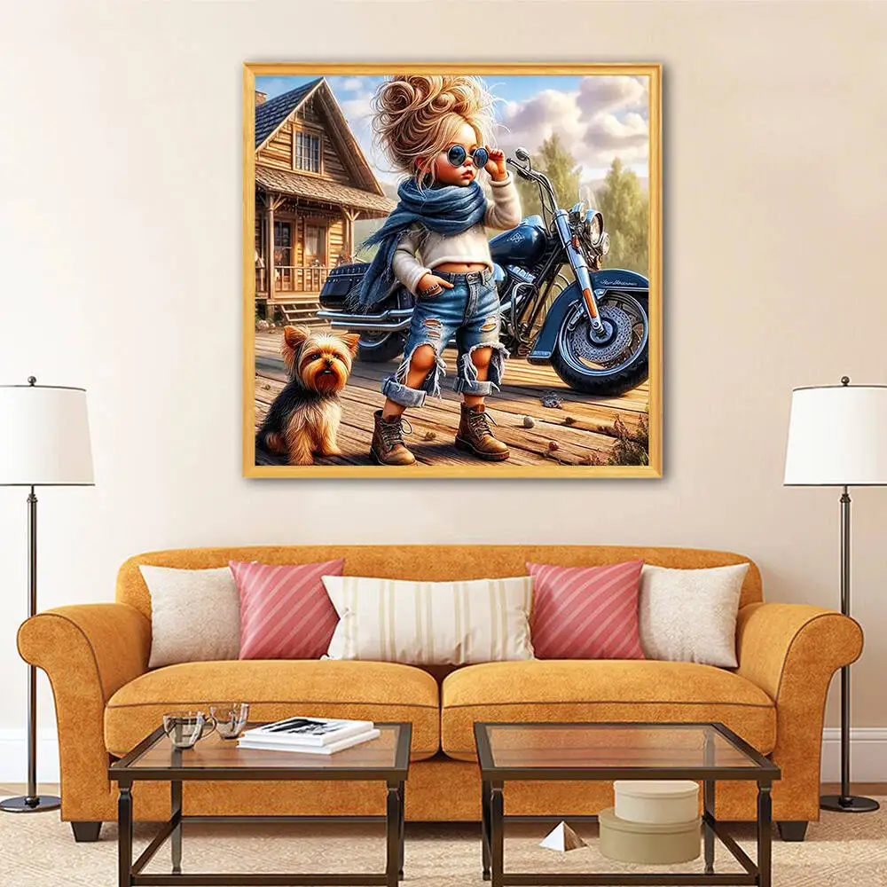 HUACAN DIY Diamond Painting Girl Portrait 5D Diamond Mosaic Motorcycle Full Square Round Drill Embroidery House Wall Decor