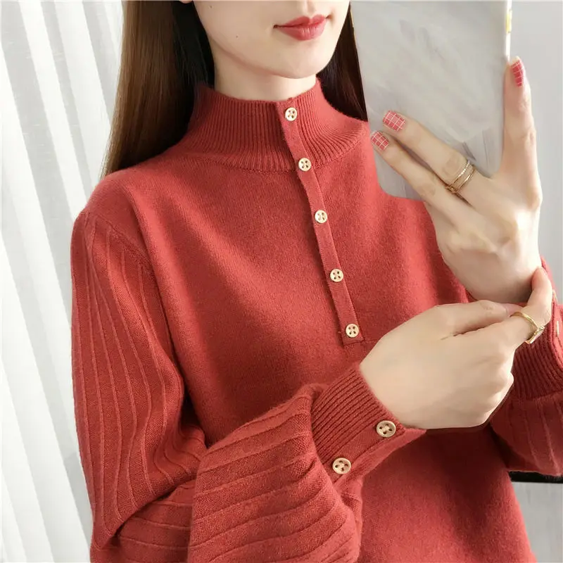 Fashion Loose Spliced Button Knitted Lantern Sleeve Sweaters Women\'s Clothing 2022 Autumn New Casual Pullovers All-match Tops