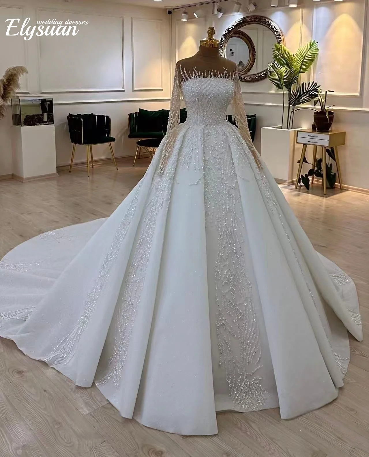 Lindo vestido de baile personalizado vestido de casamento princesa manga longa nu pescoço vestidos de noiva vestido de noiva